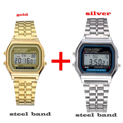2Pcs Fashion Digital Men's Watches Gold Luxury Stainless Steel Link Bracelet Wrist Watch Band Business Electronic Male Clock