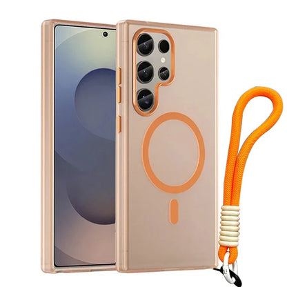 For Magsafe Matte Candy Wrist Strap Phone Cases For Samsung Galaxy S24 S25 Ultra Plus S24 FE Lanyard Magnetic Shockproof Cover