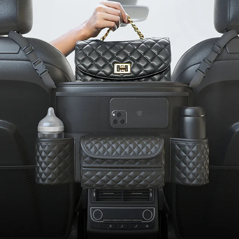Leather Car Seat Middle Hanger Storage Bag Luxury Auto Handbag Holder Between Seats Tissue Water Cup Pockets Stowing Tidying