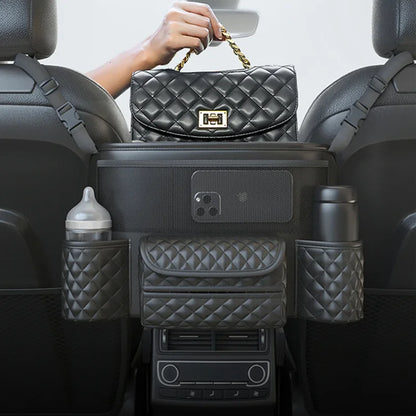 Leather Car Seat Middle Hanger Storage Bag Luxury Auto Handbag Holder Between Seats Tissue Water Cup Pockets Stowing Tidying