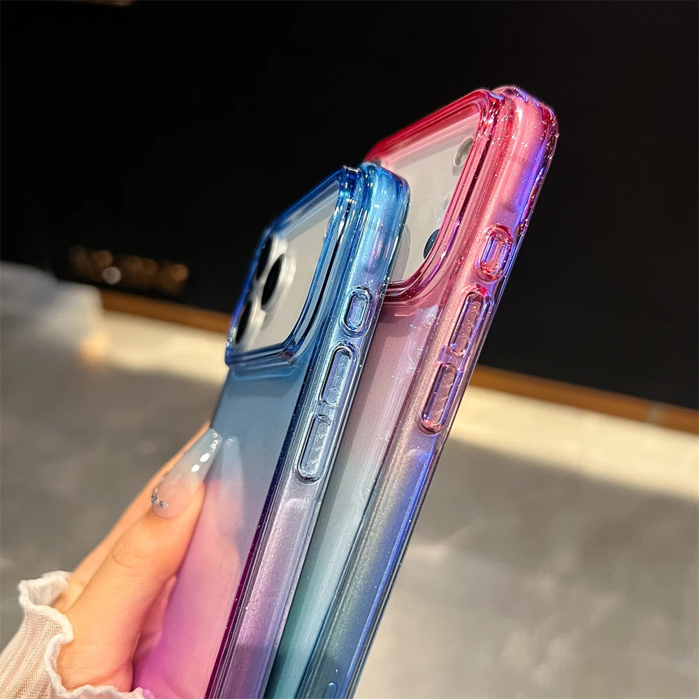 Gradient Colorful Transparent Phone Case For iPhone 17 16 15 14 13 12 Pro Max Plus Shockproof TPU Back Cover With Wrist Strap