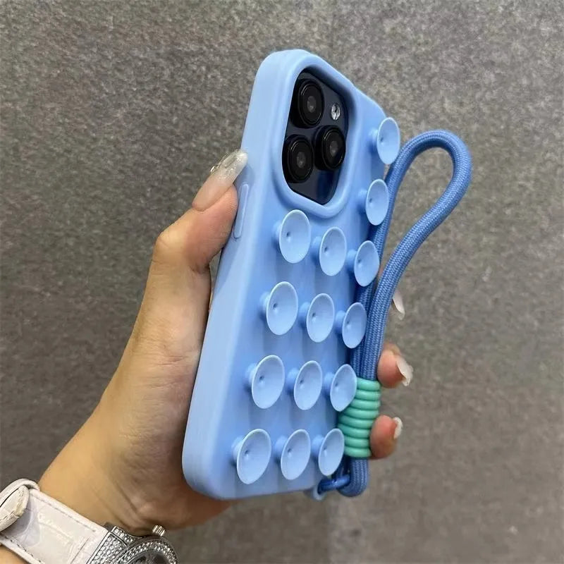 Fashion Cute Candy Liquid Silicone Suction Cup With Wrist Strap Case For iPhone 17 15 14 11 12 13 16 Pro Max Solid Color Cover