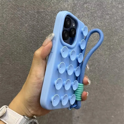 Fashion Cute Candy Liquid Silicone Suction Cup With Wrist Strap Case For iPhone 17 15 14 11 12 13 16 Pro Max Solid Color Cover