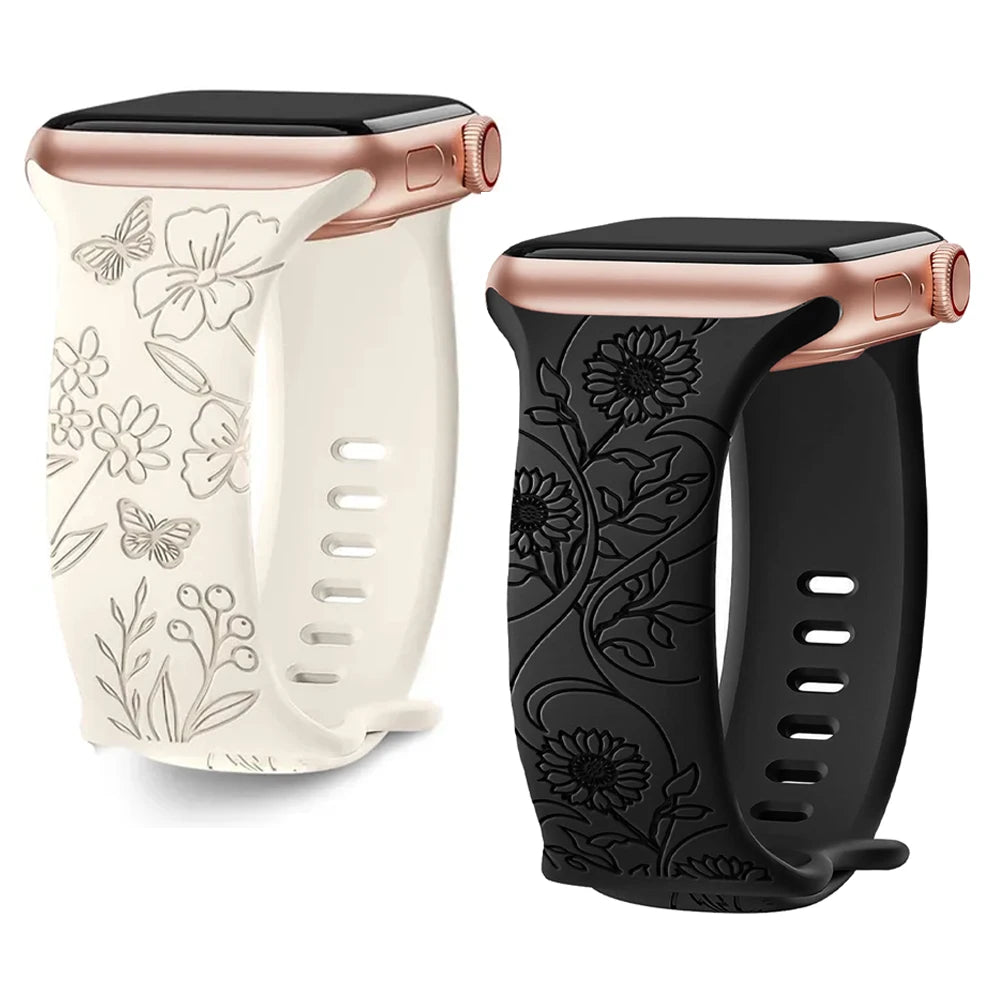 Straps For Apple Watch Band 44mm 42mm 41mm 40mm 45mm 49mm 46mm Floral Engraved bracelet correa iwatch series 10 9 7 SE 6 8 Ultra