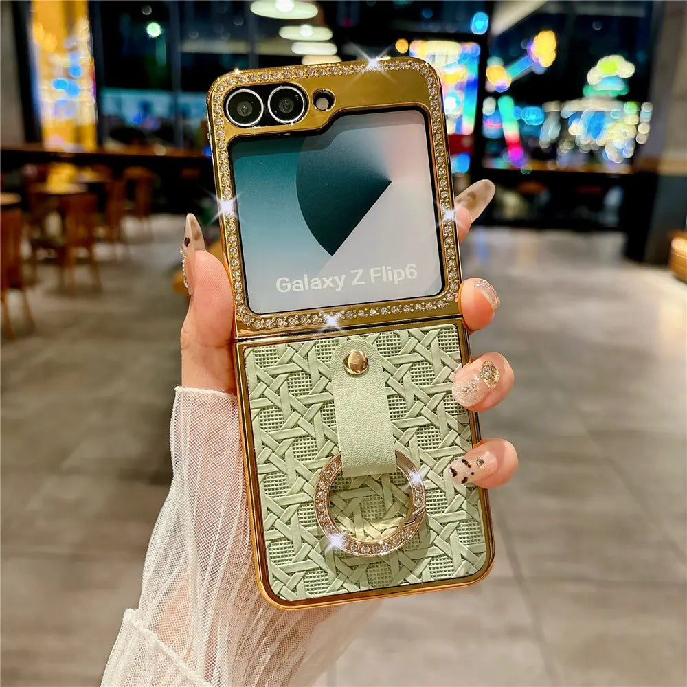 Leather Plating  Ring Phone Case For Samsung Galaxy Z Flip 7 6 Flip 5 Zflip 4 3 Bling Diamond Shockproof Cover Funda
