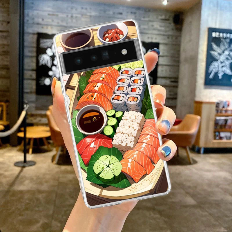 Phone Case For Google Pixel 9 8 7 6 9A 8A 7A 6A 5 4 5A 4A 3A Pro XL Soft Clear TPU Transparent Cover Cute Cartoon Sushi
