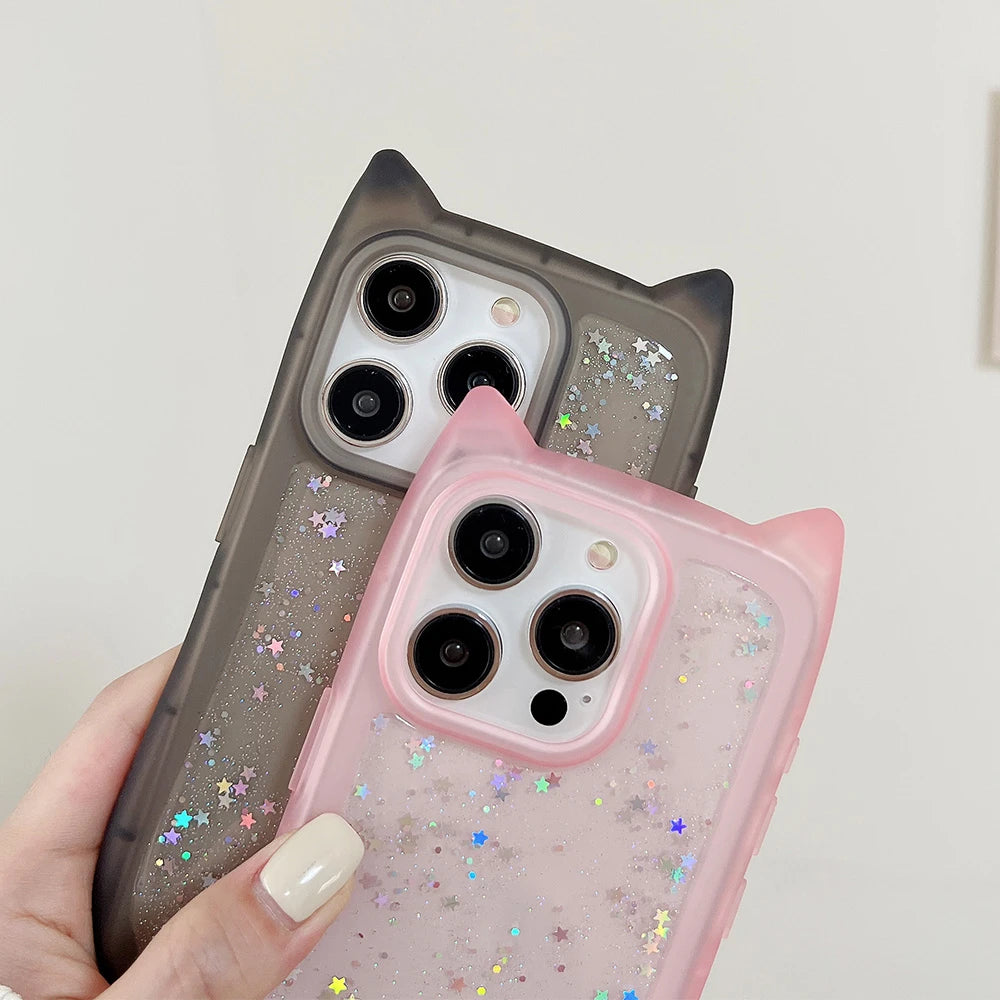 Cute Cartoon Cat Ear Glitter Sequins Transparent Case  For iPhone 16 15 Plus 14 Pro Max 13 12 11 Soft Silicone Shockproof Cover