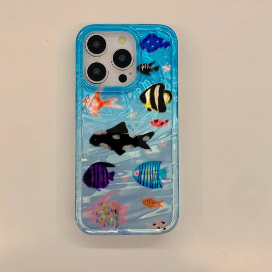 Korean Ins Ripple Texture Aquaria Lovely Fishes Case for iPhone 16 15 14 13 11 Pro Max Plus Back Phone Cover for 12 Pro Max