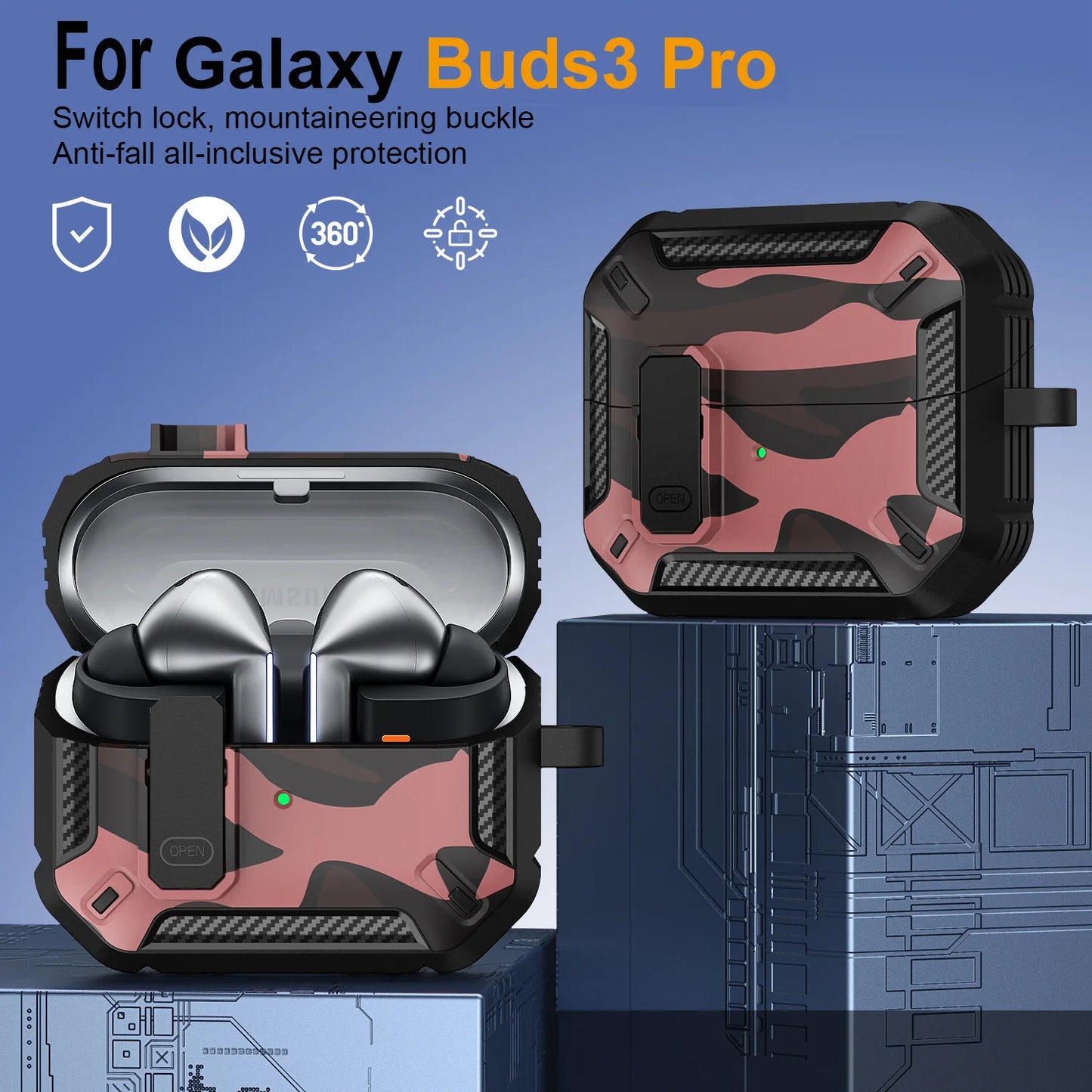 Stylish Camouflage Cover For Samsung Galaxy Buds 3 Pro Buds3 Pro Buzz 3 Pro Case With Lock Rugged Shell Armor Shockproof Sleeve