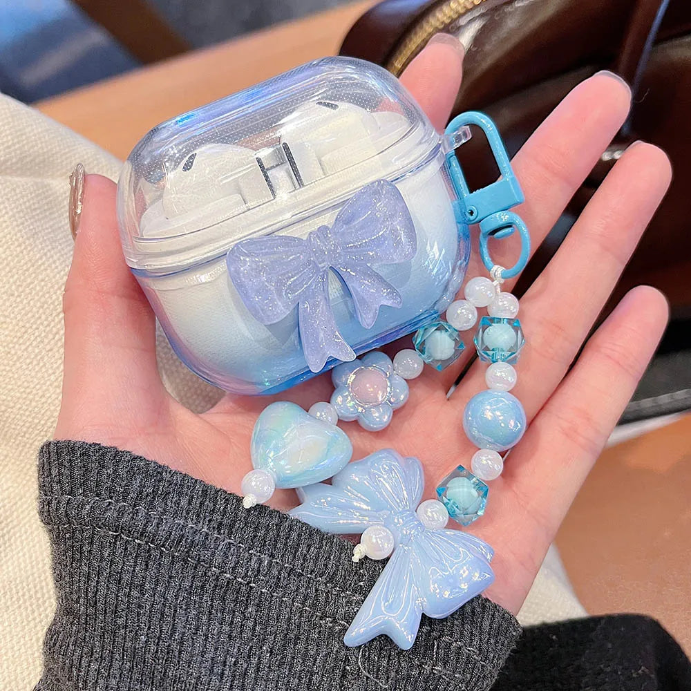 Korean Bow Flower Heart Clear Case For Samsung Galaxy Buds 2 Pro Live FE Buds 3 Pro Earphone Cover Soft Transparent with Pendant