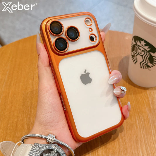 Luxury Frosted Transparent Matte Phone Case For iPhone 17 Pro Max Full Lens Protection Metallic Color Frame Armor Back Cover