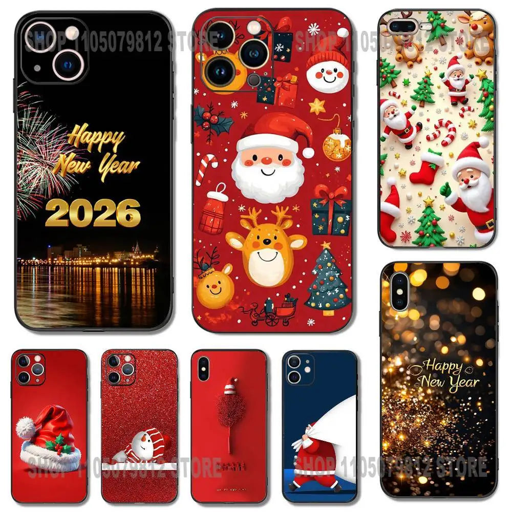 New Year Gift Cartoon Christmas Silicone Phone Case For iPhone 17 16,15,14,13,12,11,Pro,XS,Max,XR,Plus,Mini Silicone Shockproof