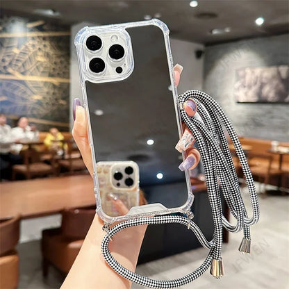 Crossbody Lanyard Mirror Phone Case For iphone 16 15 14 13 12 Mini 11 Pro Max XS XR SE 2 3 8 7 Plus Hard PC Back Cover