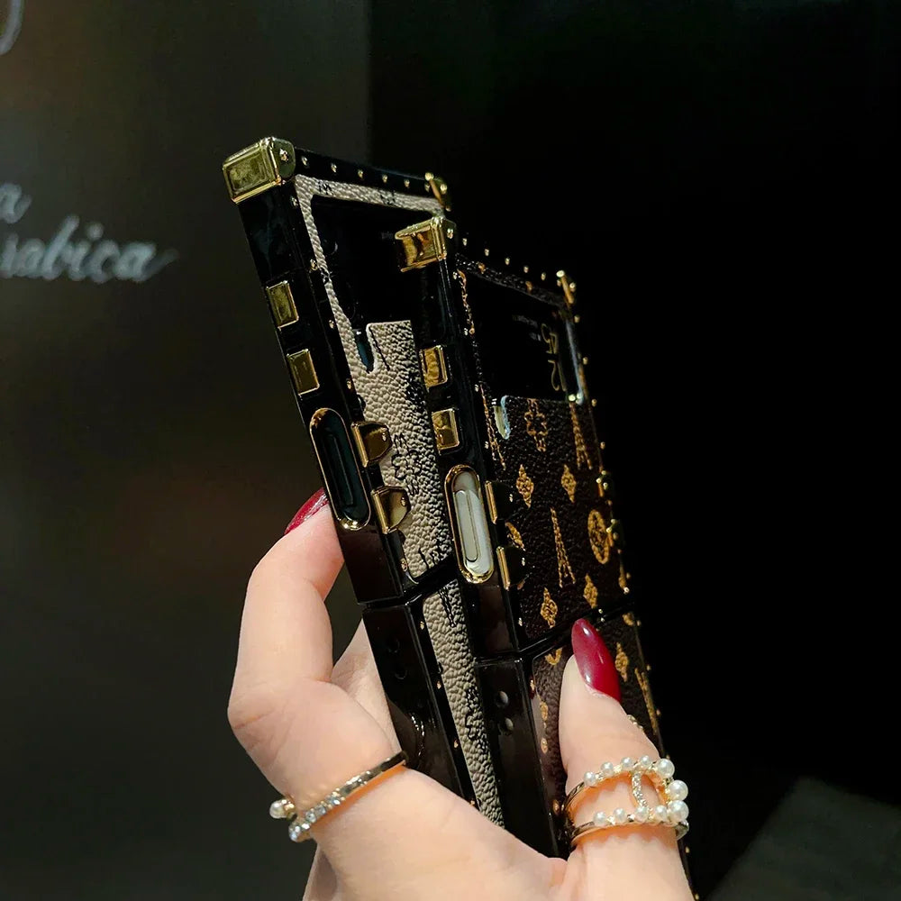 Retro PU Leather Flower Square Phone Cover For Samsung Galaxy Z Flip 6 5 4 Case Punk Shockproof For Galaxy Z Flip 3 Ring Holder