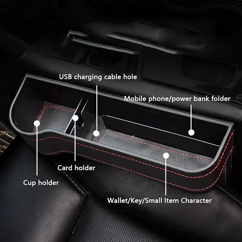 PU Leather Car Seat Gap Storage Box Universal Seat Gap Slit Box With Charging Hole Phone Bottle Keys Holder Box Auto Organizer