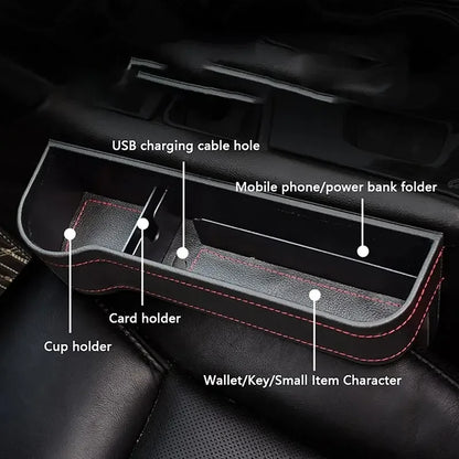 PU Leather Car Seat Gap Storage Box Universal Seat Gap Slit Box With Charging Hole Phone Bottle Keys Holder Box Auto Organizer