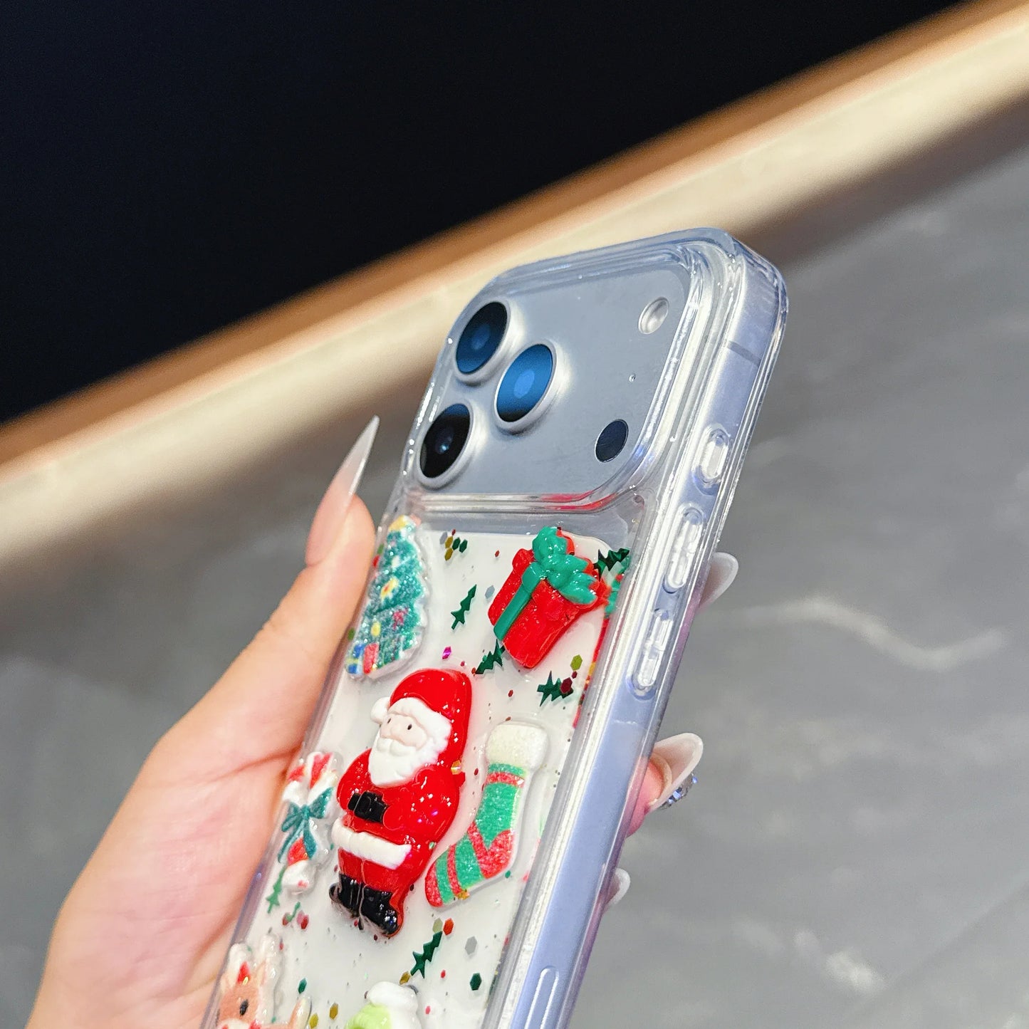 Epoxy Christmas Father Santa Claus Clear Phone Case for iPhone Air 13 14 15 16 17 Pro Max 3D Cute Xmas Tree Socks Elk Deer Cover