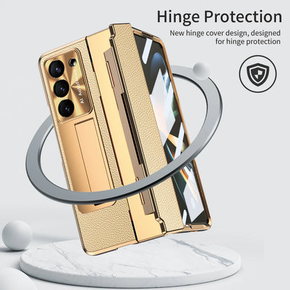 Plating Leather Stand Flat Hinge Protective Case For Samsung Galaxy Z Fold 6 5 4 3 With Front Glass Film Fold5 Protection Cover