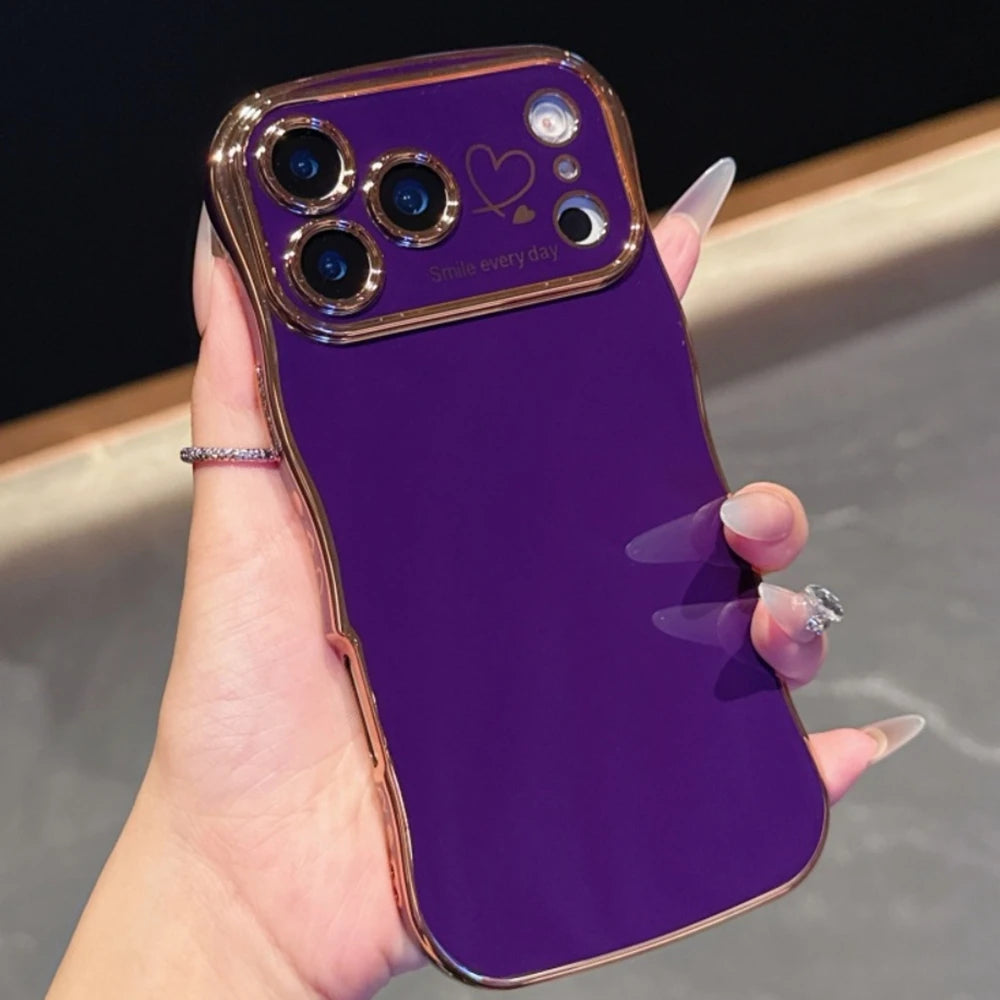 Luxury Plating Love Heart Wavy Border Phone Case For iPhone 17 16 15 14 13 12 11 Pro Max Plus 16E Air Shockproof Bumper Cover