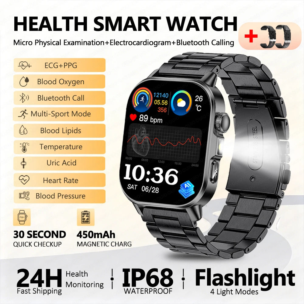 2026 New ECG Smart Watch Blood Pressure Blood Oxygen Uric Acid Monitoring IP68 Waterproof 450mAh Health Smart Watch Men Women