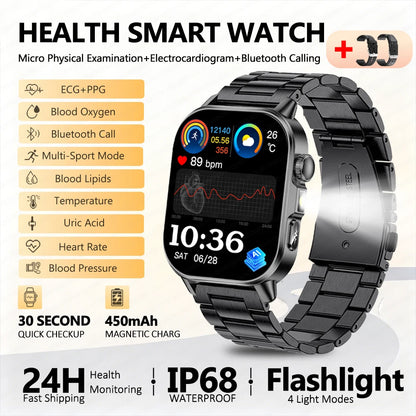 2026 New ECG Smart Watch Blood Pressure Blood Oxygen Uric Acid Monitoring IP68 Waterproof 450mAh Health Smart Watch Men Women