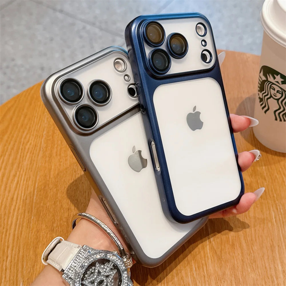 Luxury Frosted Transparent Matte Phone Case For iPhone 17 Pro Max Full Lens Protection Metallic Color Frame Armor Back Cover