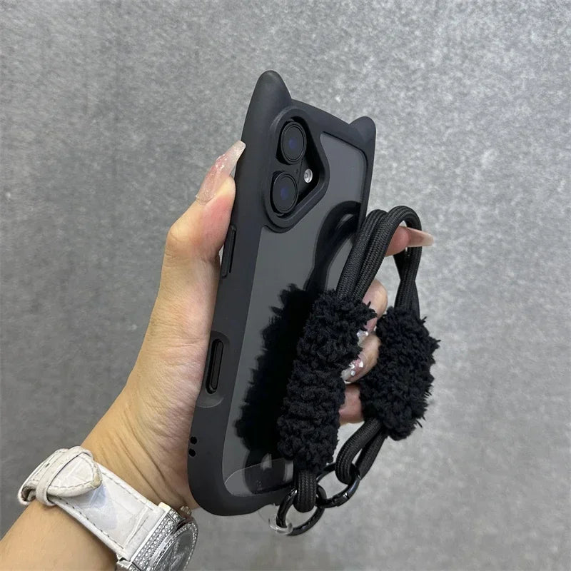 3D Cat Ear Cute Lanyard Magnetic Transparent Case For iPhone 16 15 14 13 12 ProMax Plus 11 Wristband Clear Magsafe Cover