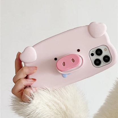 Fun 3D Pink Saliva Pig Nose Invisible Bracket Case For iPhone 13 14 12 11 15 Pro Max Cute Creative Holder Stand Shockproof Cover