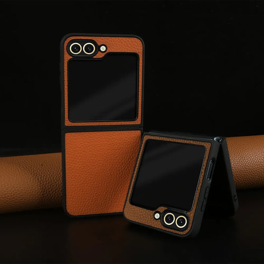 Luxury Genuine Leather Case For Samsung Galaxy Z Flip6 Cases for galaxy Z Flip 6 phone Cover Litchi Pattern Cowhide Coque Shell