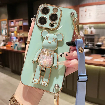Plating Cover Quicksand Bear Stand Bracelet Strap Lanyard Phone Case For iPhone 15 14 13 12 11 Pro Max 7 8 Plus Phone Case