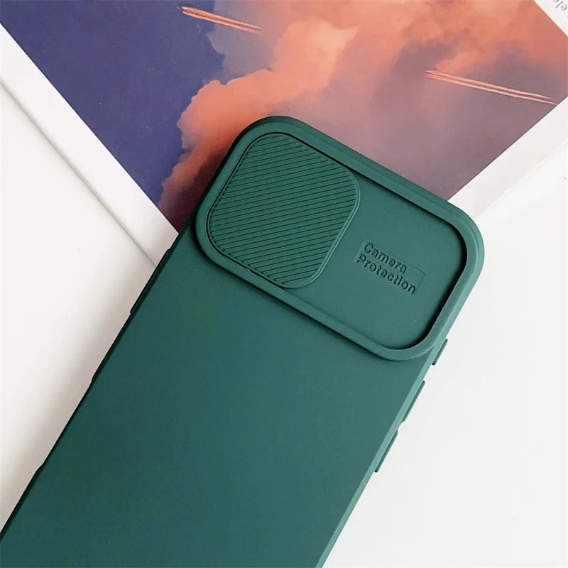 Slide Camera Lens Protection Soft Silicone Case For iPhone 16 15 14 Plus 13 12 11 Pro X XS XR Max 8 7 SE Shockproof Bumper Cover