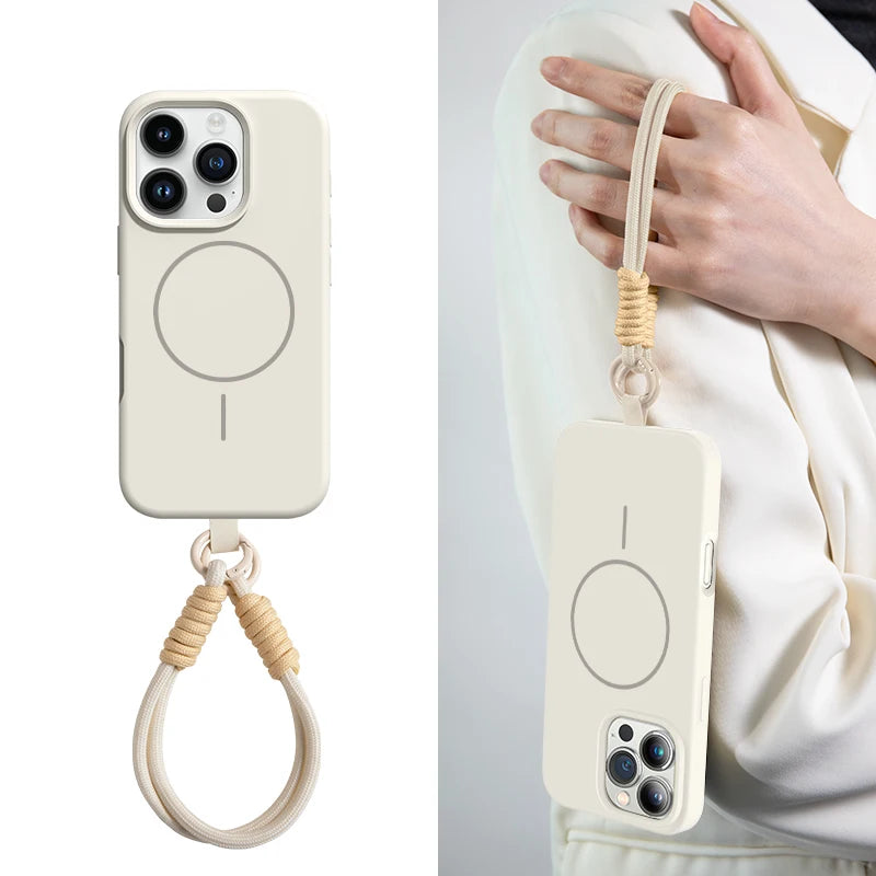 Official Liquid Silicone Lanyard Strap Rope Case For iPhone 16E 16 14 15 Plus 12 13 11 Pro Max For Magsafe Magneitc Soft Cover