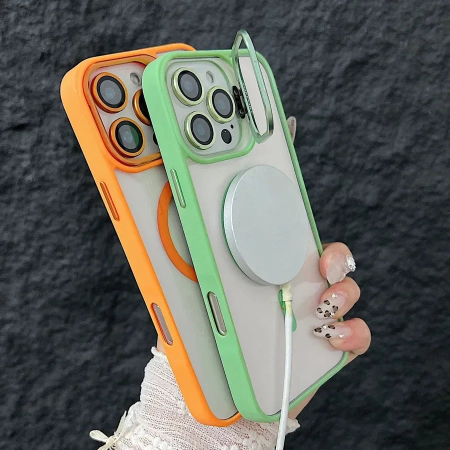 Fashion Magnetic Stand Case for iPhone 16 15 14 Plus 13 12 11 Pro Max Case for Magsafe Wireless Charge With Lens Protector Cover