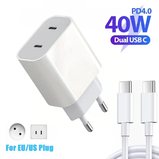 PD 40W USB C Charger Fast Charger Type C Cable Mobile Phone Charger Wall Adapter For iPhone 15 16 Pro Max Xiaomi Samsung Huawei
