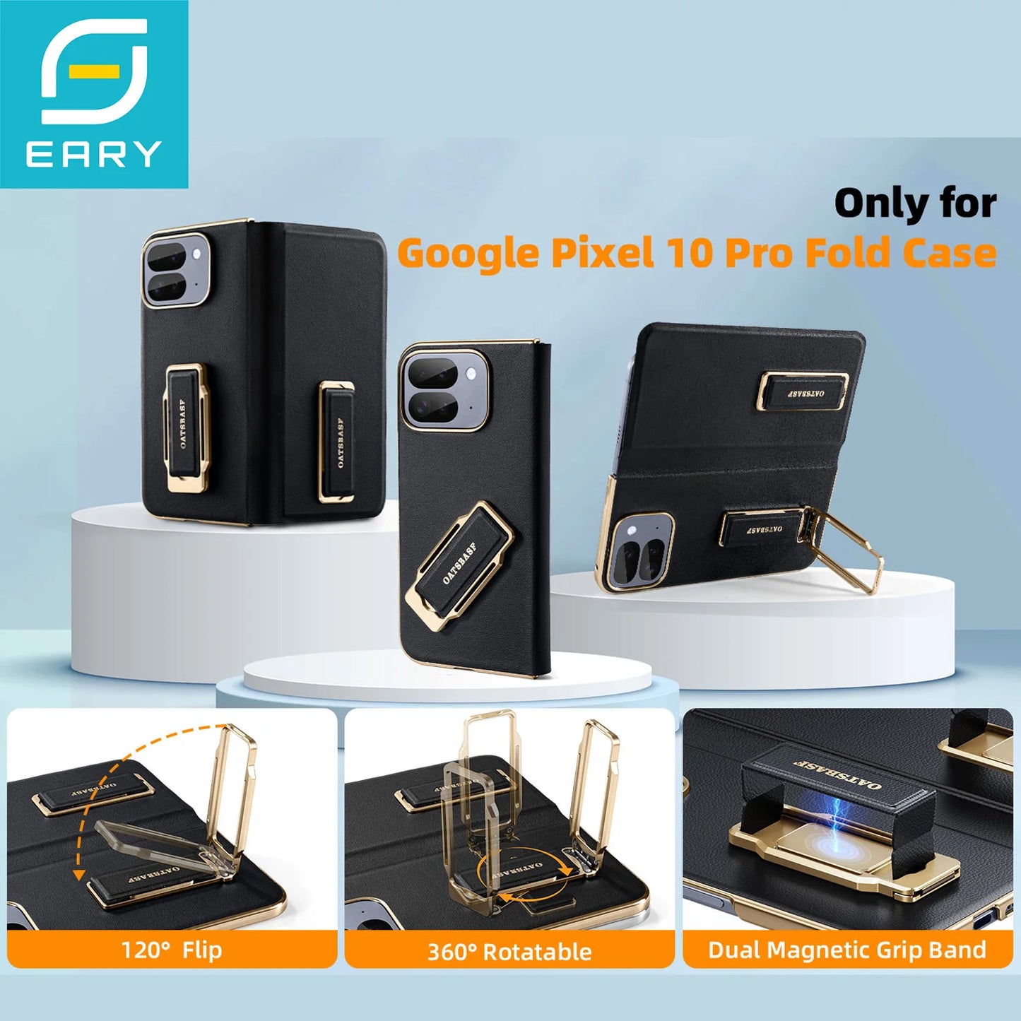 Eary for Google Pixel 10 Pro Fold Phone Case & 360°Rotatable Stand Magnetic Grip Band Leather Cover Shockproof Dual Strap Shells