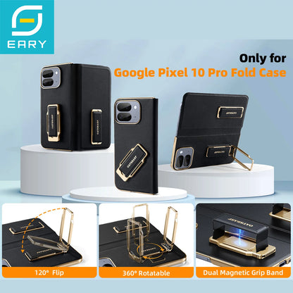 Eary for Google Pixel 10 Pro Fold Phone Case & 360°Rotatable Stand Magnetic Grip Band Leather Cover Shockproof Dual Strap Shells