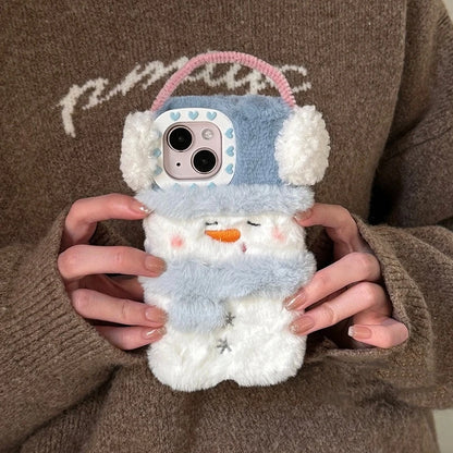 Winter Plush Snowman Christmas Case For iPhone 16 15 14 12 13 Pro Max 11 Plush Warm Cartoon Soft Shockproof Cover for iPhone16