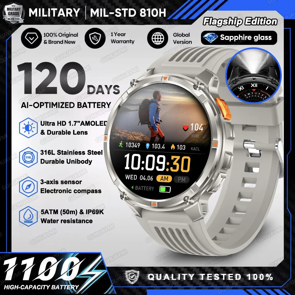 2026 New T-Rex 3 Ultra 1100mAh Military Smart Watch Men 5ATM Waterproof 1.7" AMOLED Screen Bluetooth Call Compass LED Flashlight