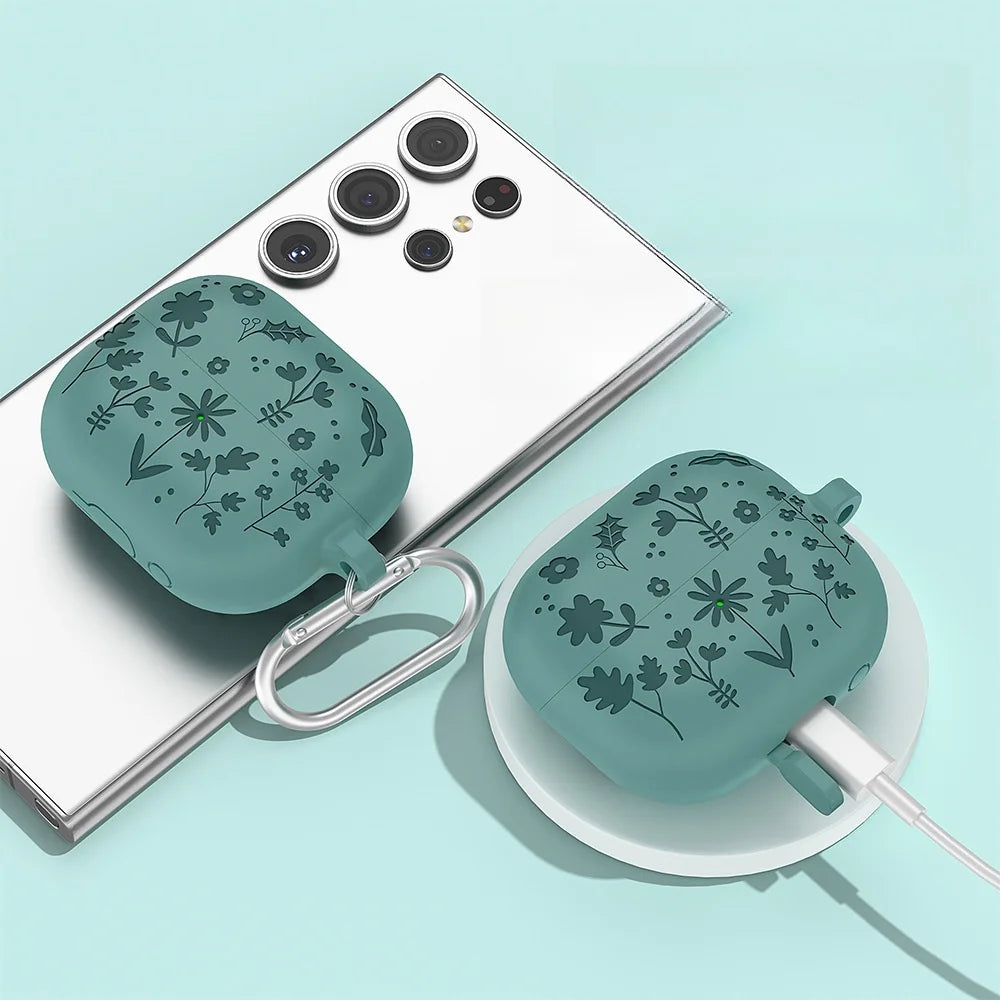 New Case For Samsung galaxy buds 3（2024）Coque Carving Flowers Design Liquid Silicone Soft Capa For galaxy buds3/3pro Cover Funda