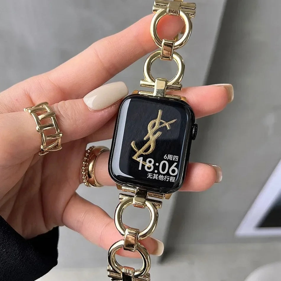 Metal Chain Strap for Apple Watch Series 9 8 7 6 SE 5 3 45/44/42/41mm Fashion Round Loop Bracelet IWatch Ultra 2 49mm 40mm 38mm