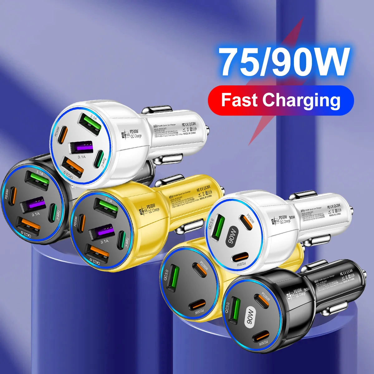 3 Ports PD Car Charger 90W Fast Charging USB QC3.0 Type C Car Phone Charger For iphone 15 Samsung Huawei Xiaomi Adapter in Car