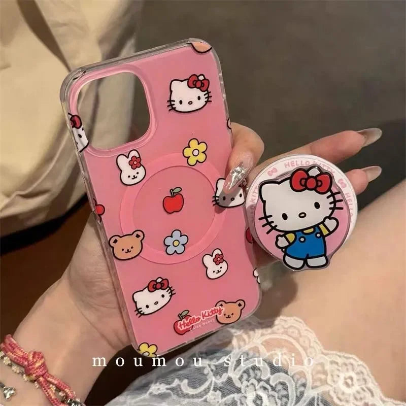 Cute Hello Kitty Magnetic Grip Holder Magsafe Wireless Charge Phone Chain Case For iPhone 16 15 12 Pro Max 14 Plus 13 Mini Cover