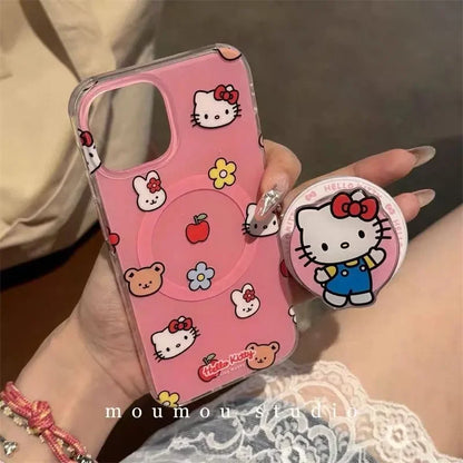 Cute Hello Kitty Magnetic Grip Holder Magsafe Wireless Charge Phone Chain Case For iPhone 16 15 12 Pro Max 14 Plus 13 Mini Cover