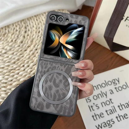 Leopard Print PU Leather Phone Case for Samsung Galaxy Z Flip 7 6 Z Flip 5 4 3 Z Fold 6 5 4 Magnetic Wireless Charging Case