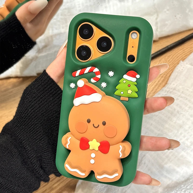 Cartoon Cute Christmas Gingerbread Man Bracket Silicone Phone Case For iPhone 17 Pro Max Air 16 15 14 13 Holder Stand Back Cover