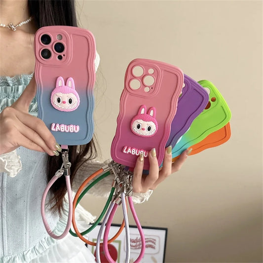 Cartoon Cute Animals Gradient Wavy Soft Phone Case with Wrist Strap For iPhone 16 Pro Max 16e 15 14 Plus 13 12 11 X XR XS 7 8 6