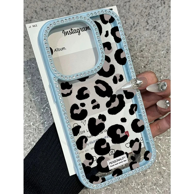 Pink Black Leopard Print Diamond Inlaid Frame Plain Case for iPhone 16 15 14 Plus 13 12 11 Pro Max Acrylic Silicone Hard Cover
