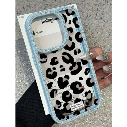 Pink Black Leopard Print Diamond Inlaid Frame Plain Case for iPhone 16 15 14 Plus 13 12 11 Pro Max Acrylic Silicone Hard Cover