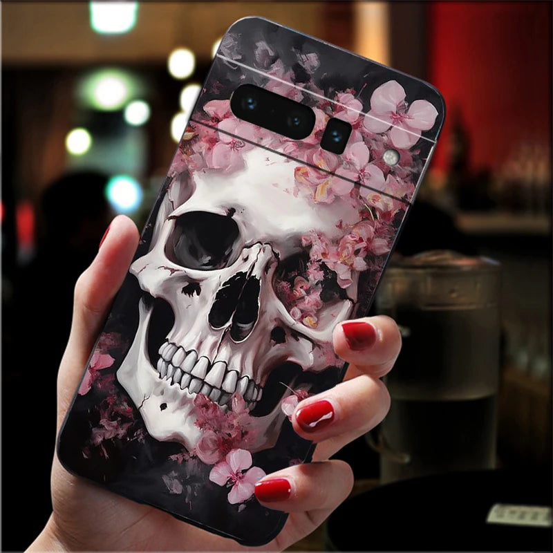 Skull Flower Art Phone Case For Google Pixel 10 9 Pro XL 9A 8 7 6 Pro Pixel 8A 7A 6A Pixel 8 7 6 5