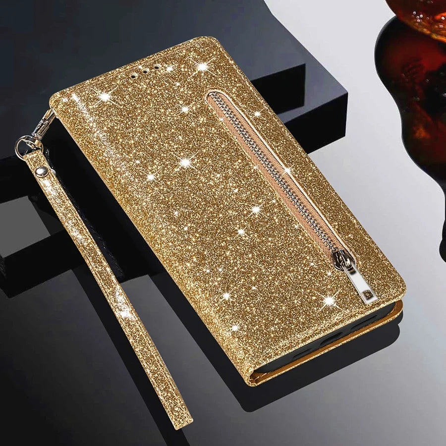 Zipper Glitter Leather Wallet Flip Case For Samsung Galaxy Z Fold 6 5 4 3 5G Cover Fold4 Bling Card Solt Pocket Purse Book Coque